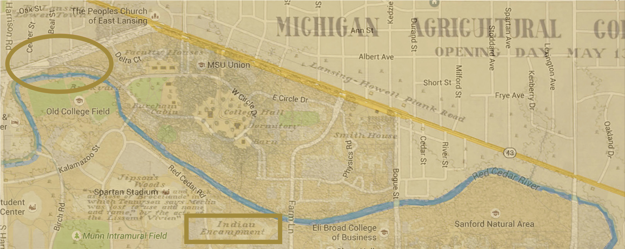 Michigan Agricultural College map representing campus in 1857 with a modern map of Michigan State University indicating the location of the Native encampment.