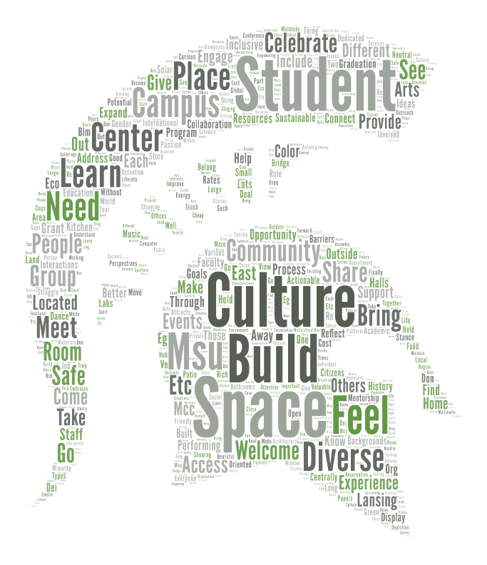 Wordul diagram in the shape of a Spartan helmet featuring the words: Culture, Build, Space, Feel, Diverse and Student.