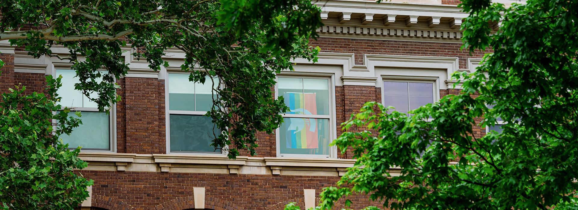 Brick building through the trees with a Spartan pride flag showing in one of the windows