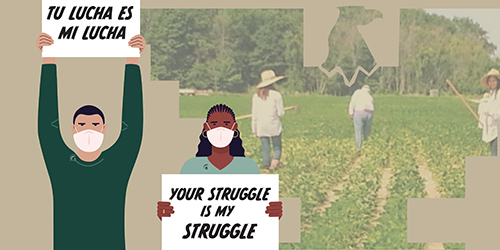 graphic of two people holding signs that say Tu Lucha es Mi Lucha, Your Struggle is My Struggle