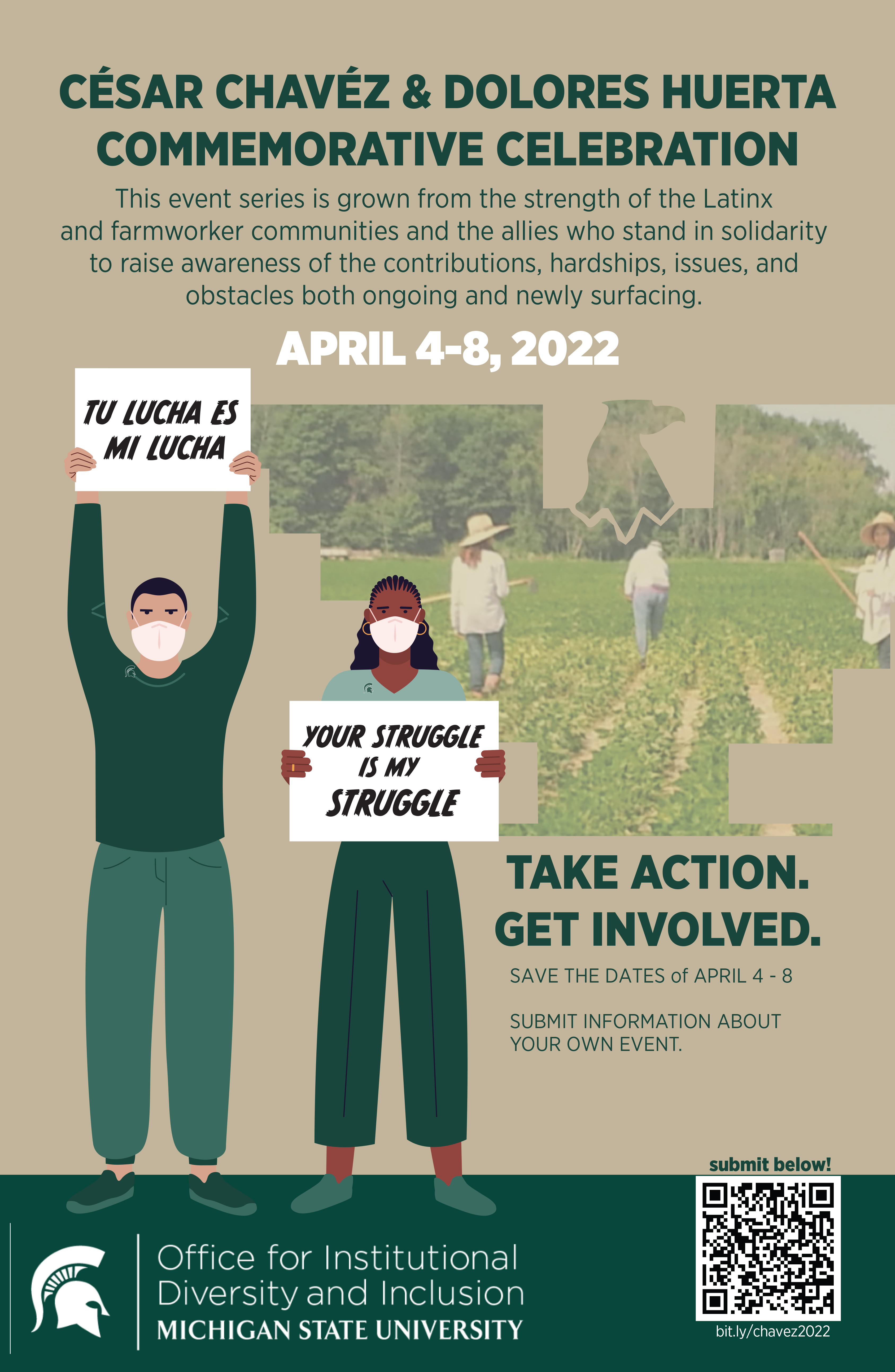 event poster with graphic of two people holding signs with the event theme