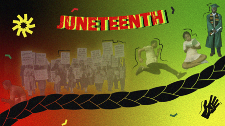 Gradient red to yellow to green background featuring the word Juneteenth and cutouts of people from enslavement to civil rights to graduation.
