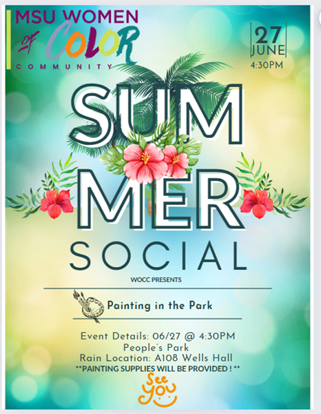 summer social flyer featuring colorful tropical flowers and leaves.